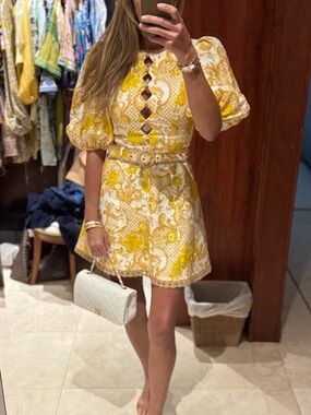 Zimmermann Yellow and White Floral Lace-Trim Mini Dress